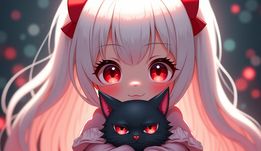 Beautiful illustration, Best quality, cute girl about 2, (convert sequence), transform a magical girl, chibi, gray-haired magical girl, fractal art, albino, cute face, long pure white and red mesh hair, beautiful detailed red eyes, cinematic lighting, cowboy shot, I look at the viewer, from below, happy. Holds and hugs a dark gray cat.