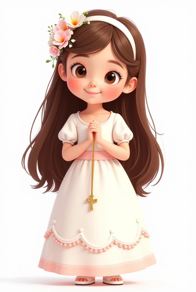 Make me a 2d Pixar style animated illustration,
on a white background of a girl with a sweet and simple style. The girl is dressed for a first communion, wearing a white dress with soft pink details. Her dress has puffed sleeves and a long skirt with small decorative edges at the bottom..
The girl has long brown hair, with a white headband adorned with pink and white flowers on one side. in his right hand, he claims, in a perfect way, a golden rosary chain ending in a cross.
The overall style of the illustration is cute and adorable, with a smiling facial expression and big round eyes. The design is simple and lovely, evoking a sense of innocence and purity. Don't make his eyes so big or exaggerated.