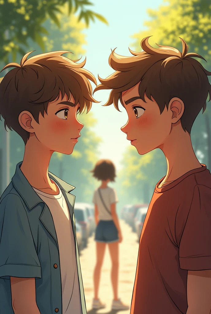 

One sunny afternoon, as the summer break began, both boys found themselves intrigued by the same mysterious girl they had met online. (Alex has brown hair and jake has light brown hair and they are younger boys)(A screenshot or illustration of a chat conversation on a smartphone, with texts exchanged between two people.)
