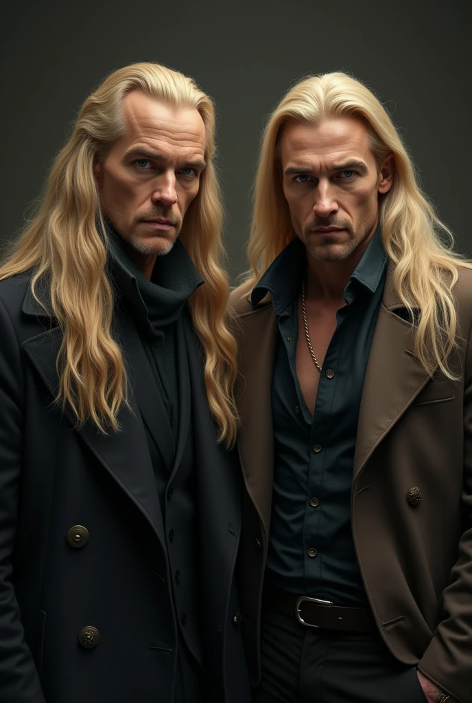 a 2 man, with long blond hair, with overcoat