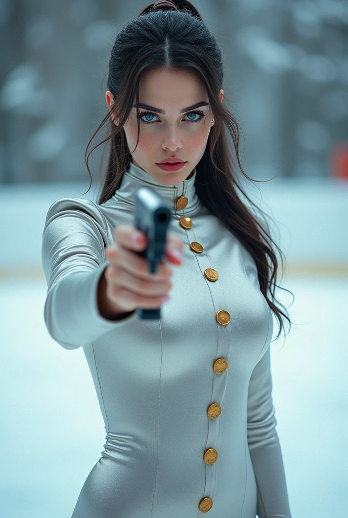 1 girl on an ice skating rink with skates, White skin color, long black hair but tied back in a ponytail ,Blue eyes, piercing gaze, made up with shadows and pink lipstick, with a tight silver white dress type mesh, short martial type, which has six pairs of gold buttons, the neck is high, long sleeves, with a marakov in his hand pointing with a gold watch on his wrist and blood spatters 
