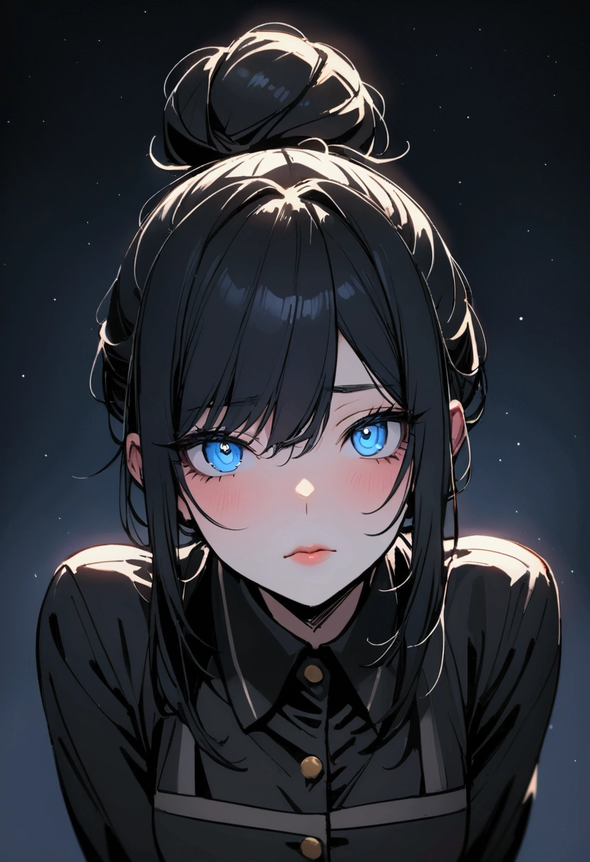 ", (masterpiece),"highest quality",, "detailed features" , "detailed eyes", "1girl" , "feminine build" , "blue eyes" , "diner uniform" , "full body, "dark diner background" , "lips slightly parted" , "long black hair tied in messy bun", "Apathetic and tired" , "midnight" , "upper body"
