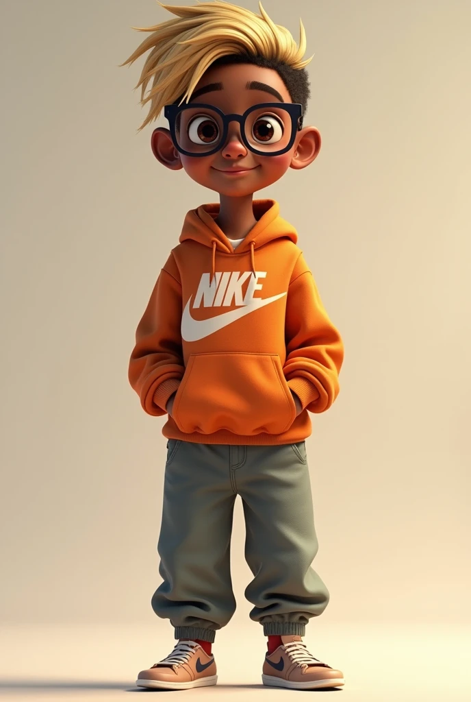Create an image of how I would look in a Pixar-type style. I am 165m tall, I am dark-skinned with blonde highlights, I have glasses and a Nike hoodie and baggy pants.