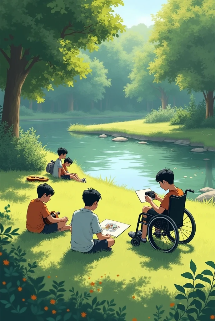 A boy who is sitting next to his guitar and another lying on the grass and a boy who is sitting on the north side drawing a boy who is on the south side in a wheelchair who is photographing his friend near the pond that they are the 5 Asian and male boys that they are all older and the first three are apart and the boy in the wheelchair with his friend apart 