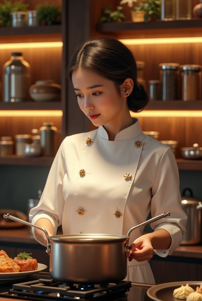 a girl preparing a dish in the kitchen, surrounded by shelves of ingredients and cookware, illuminated by warm under-cabinet lighting, photorealistic, highly detailed, intricate details, cinematic lighting, warm tones, 1girl, beautiful detailed eyes, beautiful detailed lips, extremely detailed face and body, elegant pose, chef's uniform, focused expression, steam rising from cooking pot, gleaming metal cookware, glass jars filled with spices, wooden shelves, (best quality,8k,highres,masterpiece:1.2),ultra-detailed,(realistic,photorealistic,photo-realistic:1.37),studio lighting,vivid colors,cinematic composition