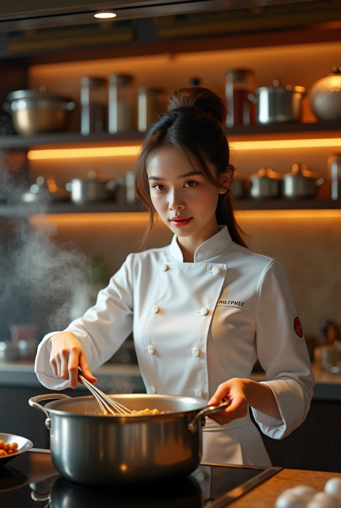 a girl preparing a dish in the kitchen, surrounded by shelves of ingredients and cookware, illuminated by warm under-cabinet lighting, photorealistic, highly detailed, intricate details, cinematic lighting, warm tones, 1girl, beautiful detailed eyes, beautiful detailed lips, extremely detailed face and body, elegant pose, chef's uniform, focused expression, steam rising from cooking pot, gleaming metal cookware, glass jars filled with spices, wooden shelves, (best quality,8k,highres,masterpiece:1.2),ultra-detailed,(realistic,photorealistic,photo-realistic:1.37),studio lighting,vivid colors,cinematic composition