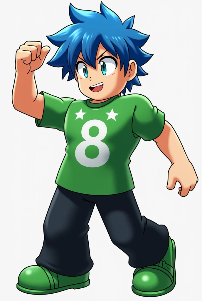 Male roblox character, Caucasian skin, hair blue, green shirt with a white eight in the middle and two white stars above the eight, black pants, green shoe,  roblox character doing a pose anime version