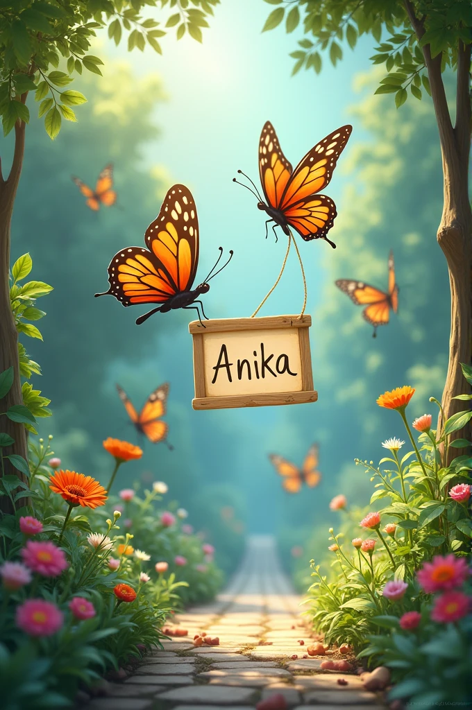 Butterflies fly holding written "anika" poster in quite peaceful garden