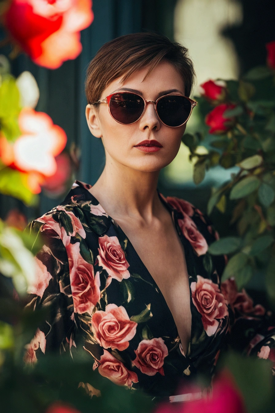 UHD ultra precise 8K digital copy of a arafed woman in a floral dress and sunglasses standing in front of a bush, woman with rose tinted glasses, woman in flowers, 7 0 mm portrait, 50mm portrait, 60mm portrait, fashion photography portrait, dressed in a flower dress, portrait shot 8 k, by Emma Andijewska, aleksandra waliszewska, editorial portrait