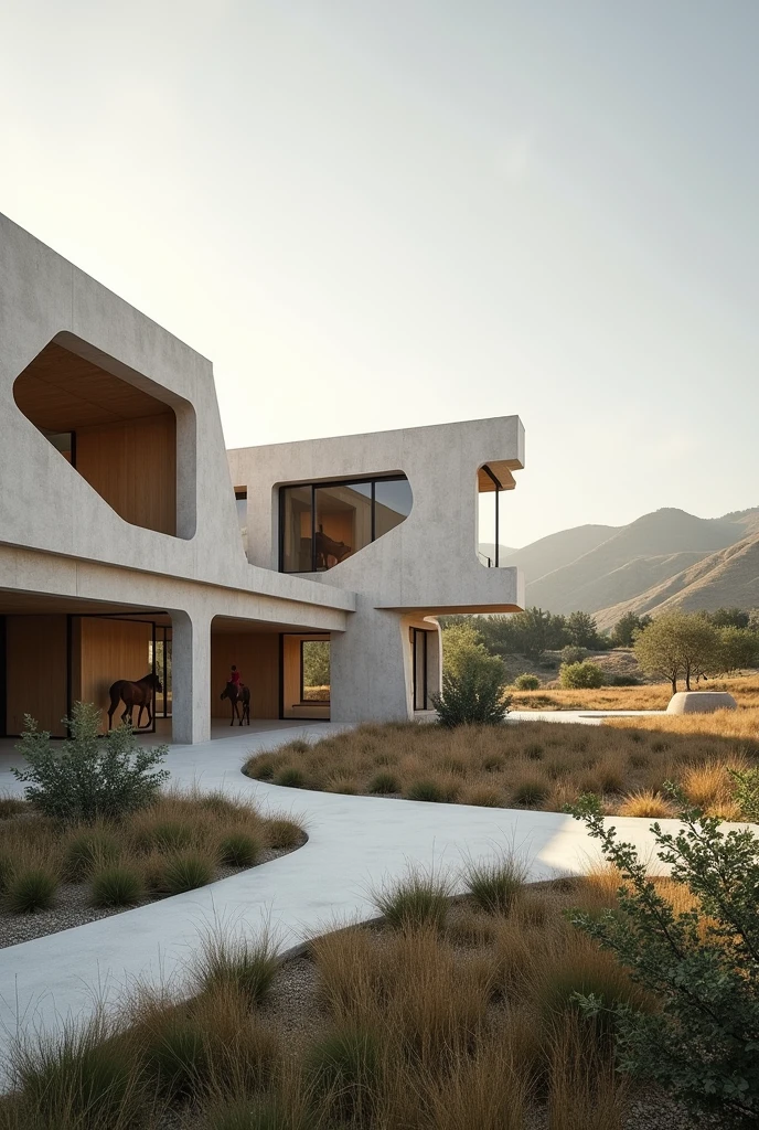 Create an architectural image of an equine therapy center with the characteristics of the works of the architect Carme Pinós inside and out and create the place with more abstract figures with horses and stables