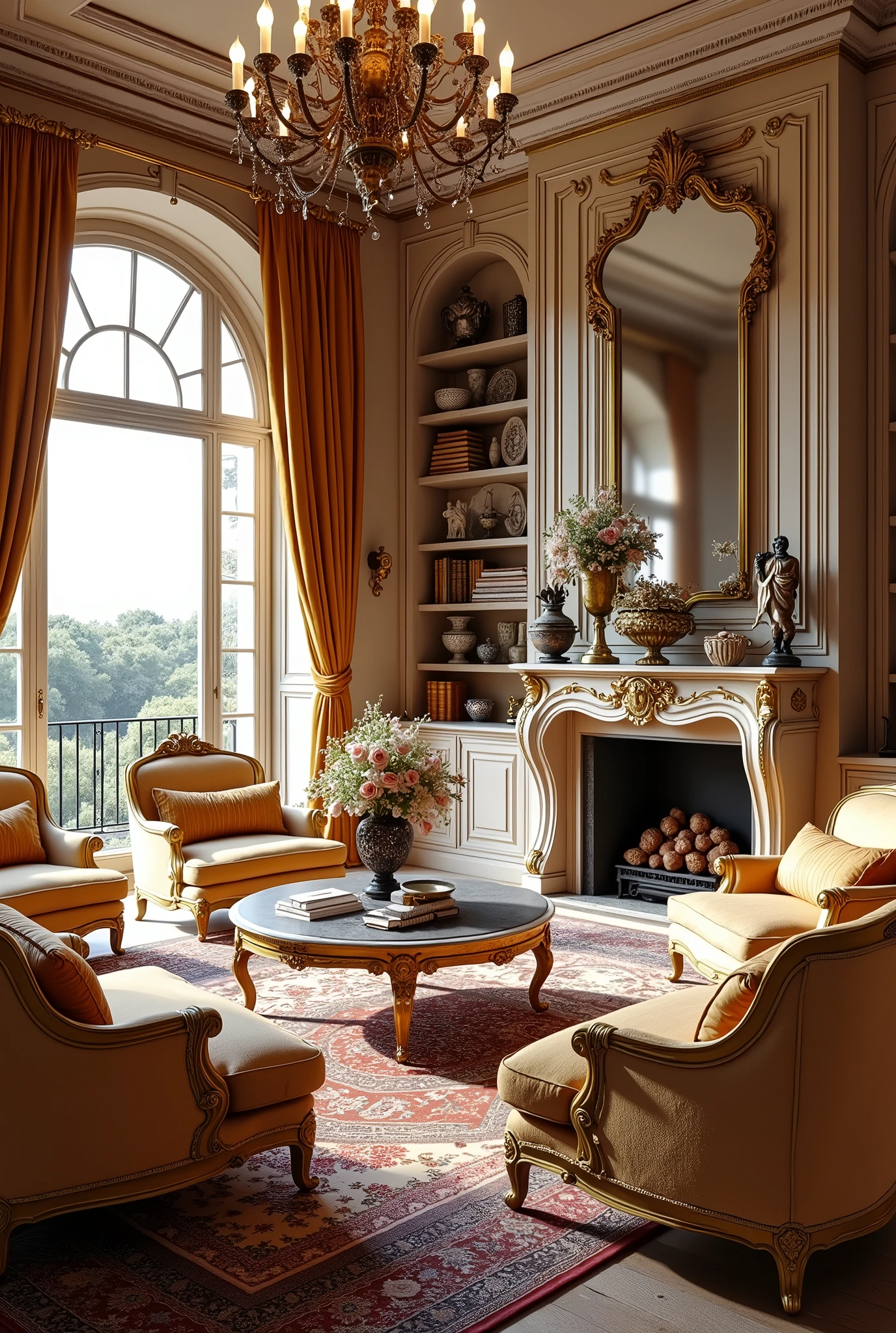 (masterpiece:1.2, Highest quality, Ultra-high resolution, Very detailed, Realistic, RAW Photos:1.2, Elaborate photos), 8k, wallpaper, (Ray Tracing), French Riviera mansion, (Spacious living room with high ceilings, Antique furniture with gold accents, Ornate fireplace with a marble mantle, Large windows with heavy silk drapes, Persian rugs, Decorative pillows and throws, Intricate chandeliers, Coffee table with elegant decor, Fresh flowers in vases), A photo that embodies the refined luxury of the living room, with shelves lined with rare books, bronze sculptures, and fine china on display, all contributing to a rich and inviting atmosphere.