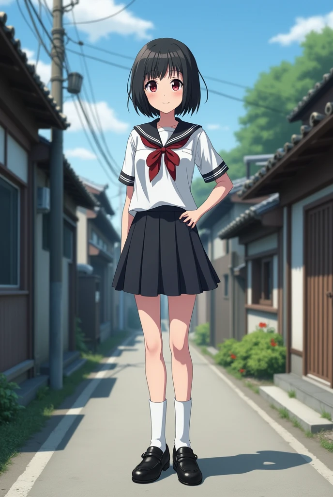 Standing in an empty alley in rural Japan、high school girl、Black short hair、uniform、skirt,Deep red eyes、barefoot、Cool smile、Full body portrait,Black Loafers,White socks
