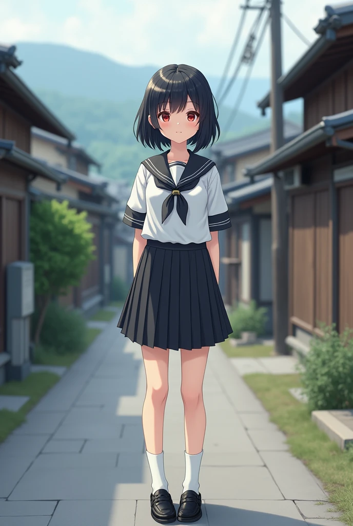 Standing in an empty alley in rural Japan、high school girl、Black short hair、uniform、skirt,Deep red eyes、barefoot、Cool smile、Full body portrait,Black Loafers,White socks