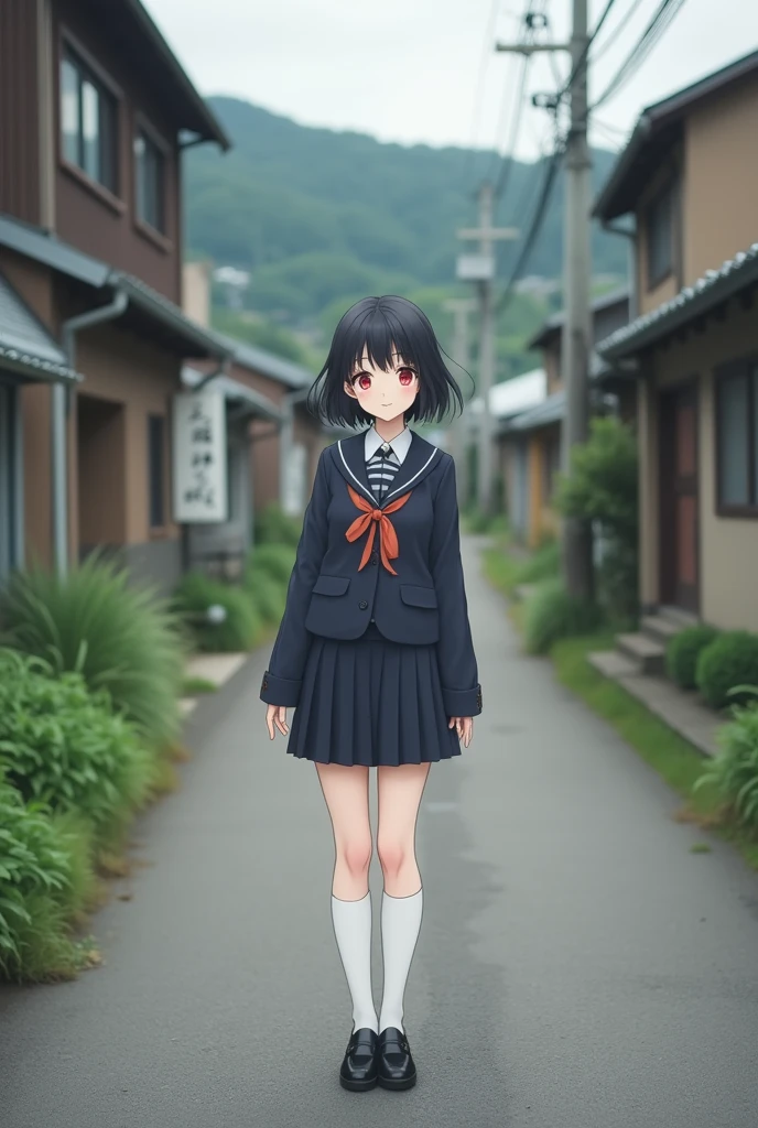 Standing in an empty alley in rural Japan、high school girl、Black short hair、uniform、skirt,Deep red eyes、barefoot、Cool smile、Full body portrait,Black Loafers,White socks