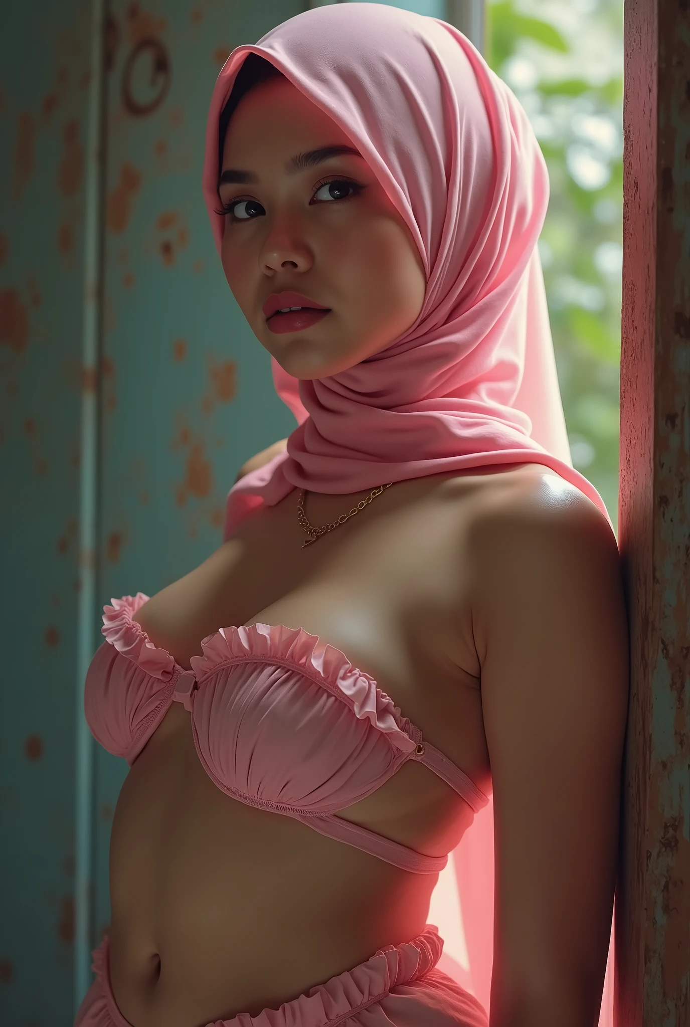 a beautiful detailed pink hijab portrait, nude woman, saggy breasts, indonesian woman face, age 30, oil body, nude breasts, big busts, undressed, nude full body, cowgirl reverse fuck, (best quality,4k,8k,highres,masterpiece:1.2),ultra-detailed,(realistic,photorealistic,photo-realistic:1.37),intricate details,cinematic lighting,dramatic shadows,vivid colors,ethereal atmosphere