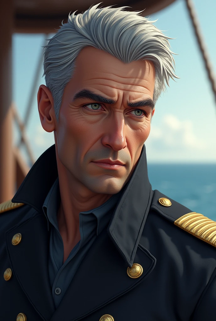A handsome ship captain with silver hair, tall, grey eyes and young
