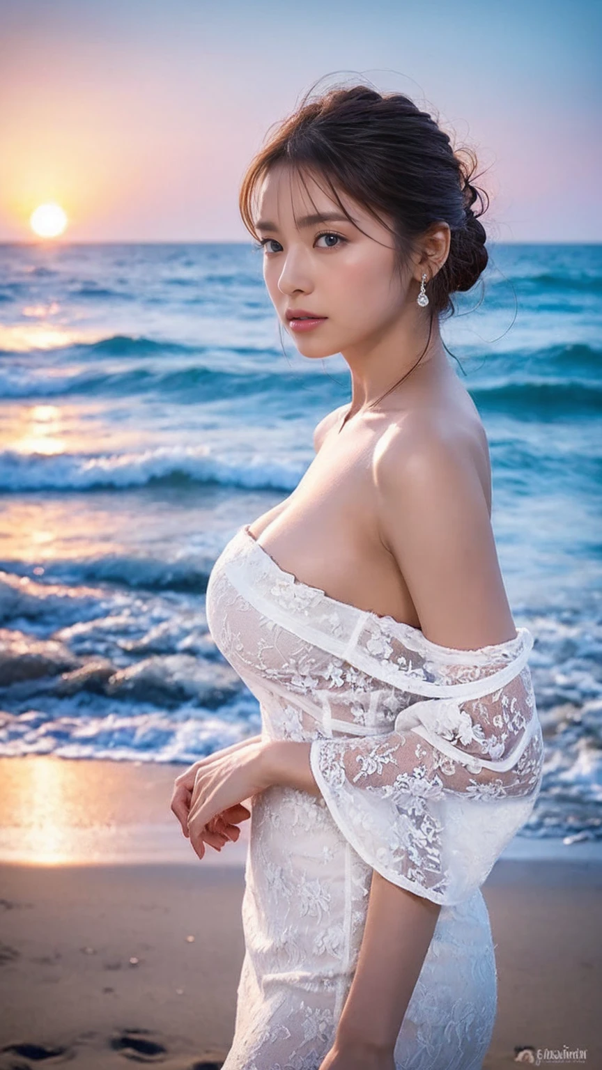 ((Big Breasts)),Attractive woman in white lace off-the-shoulder summer dress, Stand on the beach at sunset. She gazes pensively at the distant sea., Her left hand is gently placed on her chest. The wind gently ruffles her hair and dress, Creates a calm and melancholic atmosphere. The golden sky and calm sea are beautifully captured in the background., to enhance the overall ambiance. Rendered in ultra-high resolution, Capture intricate details with incredible clarity.