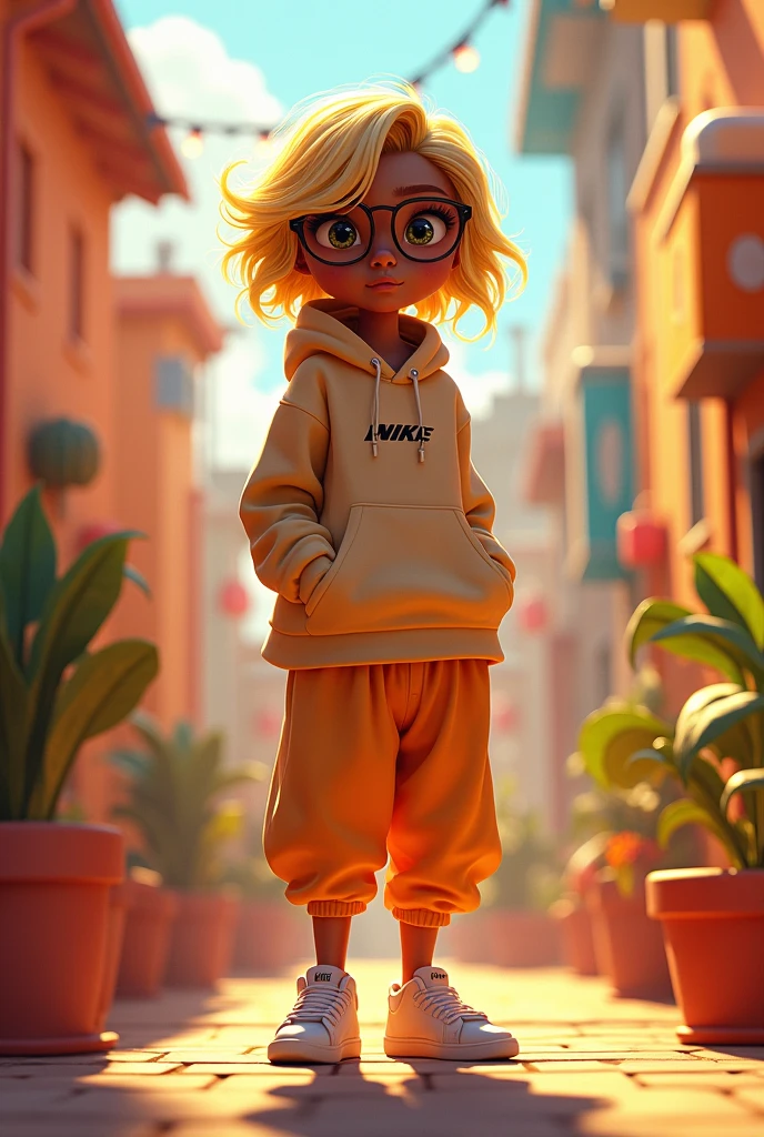 Create an image of how I would look in a Pixar-type style. I am 165m tall, I am dark-skinned with blonde highlights, I have glasses and a Nike hoodie and women&#39;s baggy pants.