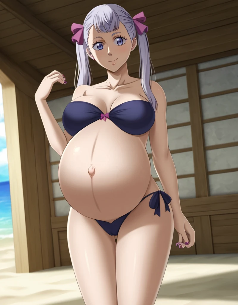 noelle_blackclover, Noelle Silva, Black Clover, long silver hair, waist-length hair, half-up half-down hairstyle, ribbon, side-parted bangs, almond-shaped blue eyes, high-quality, ultra-detailed, beast quality, 8K resolution,
looking at viewer, dutch angle, cowboy shot, smile, pregnant belly, large belly, big belly, big Breasts, belly button,
1girl,solo, indoors, beach, happy, Smiling, rub belly, Shiny skin,
full body, Nail polish,