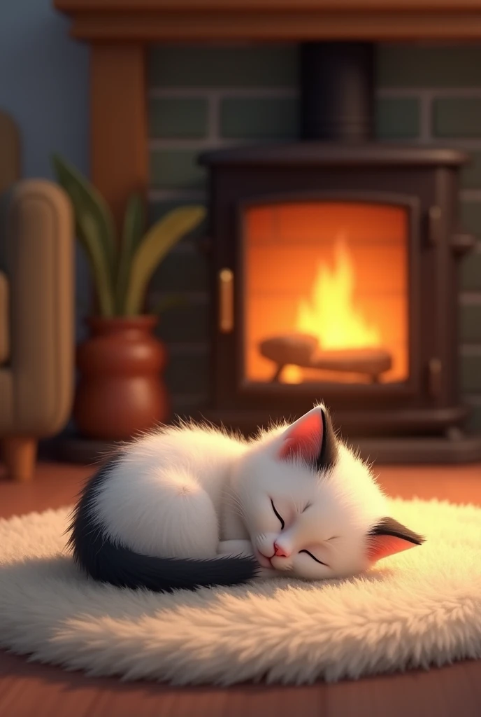 A cute little white kitten with a black tail, black marks on its back, black marks behind its ears and a black nose, sleeping in a house on a rug behind a fireplace