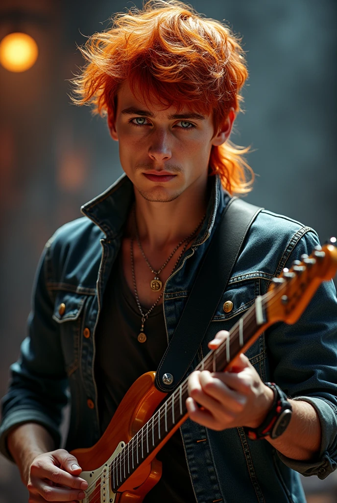 A boy with apple red hair and green eyes who likes to play music, He's and goes to North Black Panther High School, he's very independent and intelligent, very masculine, and has a very defined body, and he is very white, he has big arms and a very worked abdomen, he is 1.92, He likes rock and his skin is very fair, he has a bookish look., shirtless
