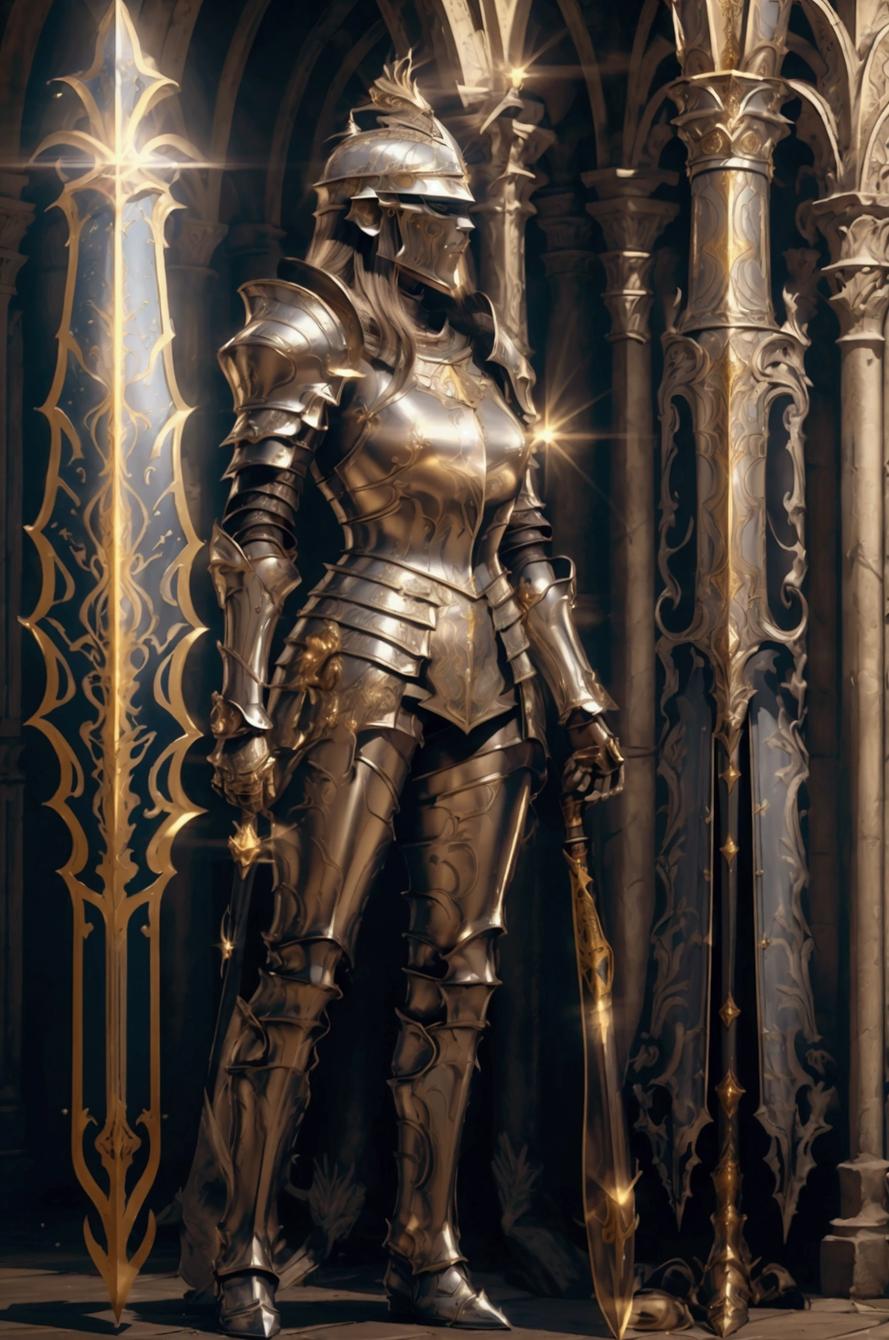 A majestic femaleA majestic female knight stands tall, clad in gleaming silver armor that radiates a divine golden light, as if blessed by the heavens. Her armor is intricately designed, with engravings that shimmer softly in the radiant glow. She holds a long sword before her, the tip resting gently on the ground, the blade reflecting the golden light surrounding her. Her stance is powerful yet serene, exuding an aura of strength and purity. The background is a heavenly landscape, with beams of light piercing through the clouds, illuminating the knight as if she were a divine guardian. The scene captures a sense of holiness and reverence, with the golden light highlighting the knight's noble and righteous character.