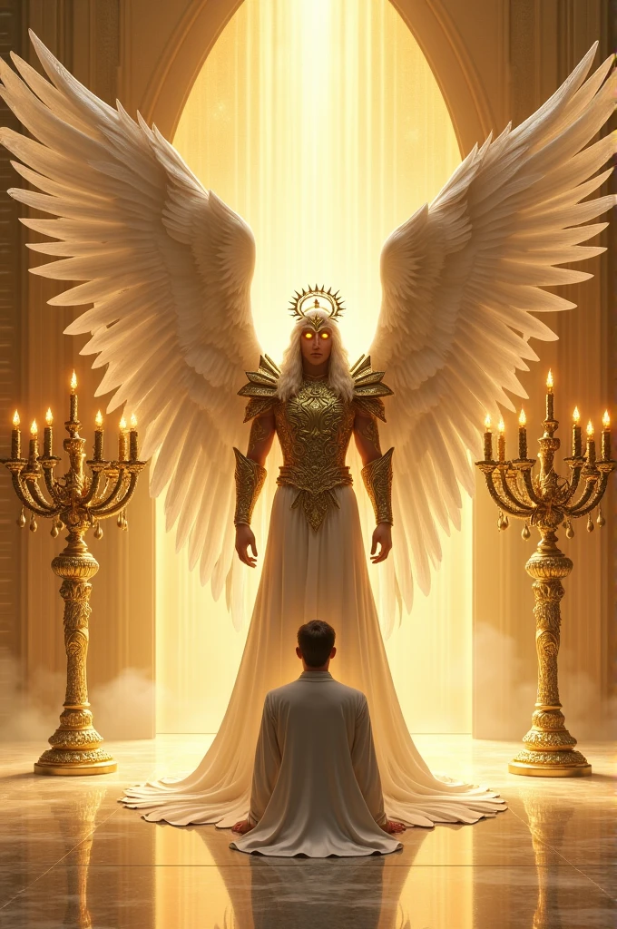 Man prostrated towards a Great warrior man angel in shining white clothing, golden crown on his head, fire Eyes, bronze arms, golden transparent glass floor, Next to the angel a thick gold menorah candelabrum 2 meters high with 7 arms, the candelabrum 3 on each side and one in the middle