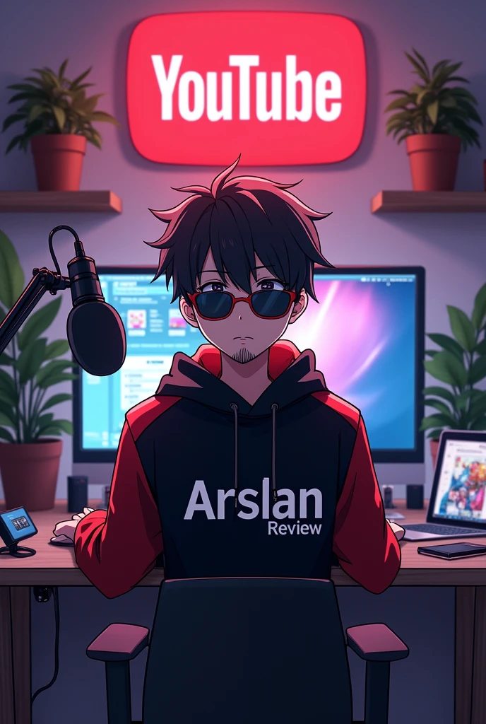 A 18 years anime boy with sunglasses and beard, sitting in front of a computer desk with a microphone and laptop, wearing black and red hoodie with the Channel Name on it "Arslan Review". The background includes a large YouTube logo on the wall, potted plants on either side,
and various recording equipment.