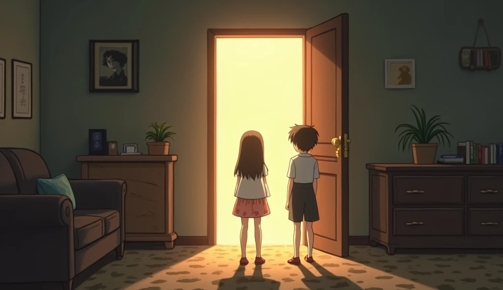 A reflective Studio Ghibli scene focusing on the middle son standing calmly between his two sisters, half-hidden in the shadows. Her expression is calm but filled with a sense of invisibility as she tries to avoid conflict and go unnoticed. The two sisters, Clara and Sofia, are in the foreground, with a subtle tension between them. The lighting emphasizes the 's role as a silent observer, caught in the middle of the rivalry, a soft shadow on the family dynamic.