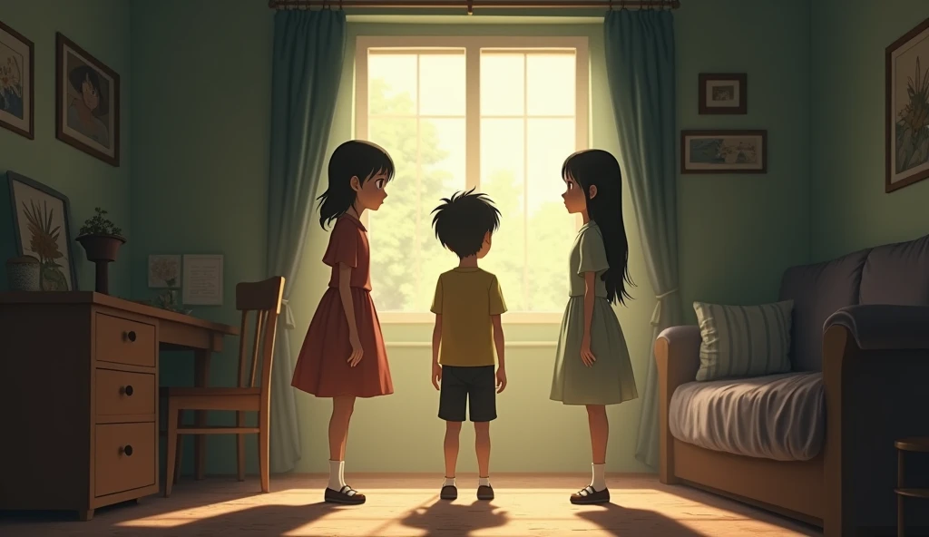 A reflective Studio Ghibli scene focusing on the middle son standing calmly between his two sisters, half-hidden in the shadows. Her expression is calm but filled with a sense of invisibility as she tries to avoid conflict and go unnoticed. The two sisters, Clara and Sofia, are in the foreground, with a subtle tension between them. The lighting emphasizes the middle child's role as a silent observer, caught in the middle of the rivalry, a soft shadow on the family dynamic.