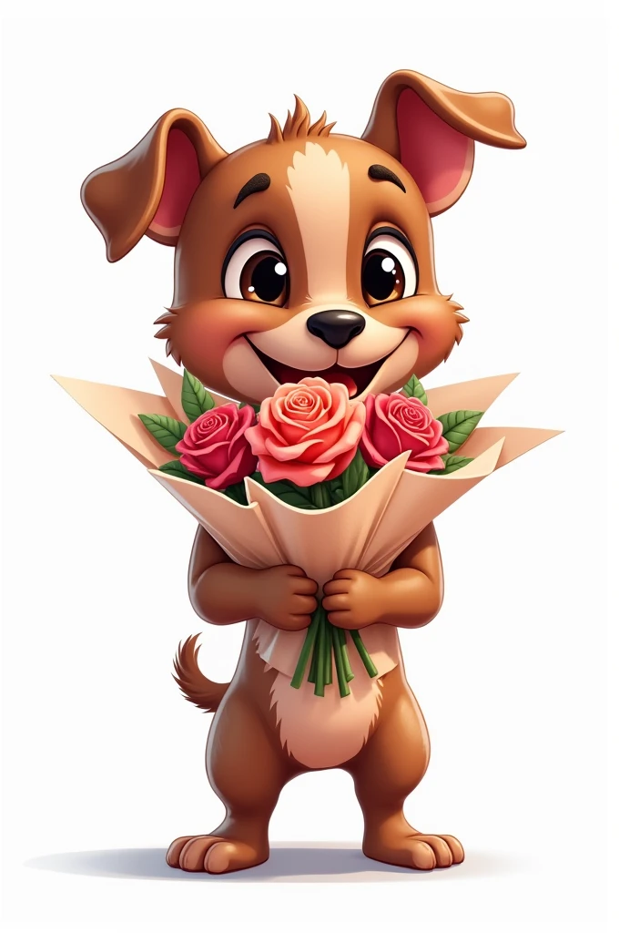 Can you create a cartoon of a pitbull puppy standing on two legs and holding a bouquet of roses wrapped in gift paper between its front paws? The entire image is on a white background.