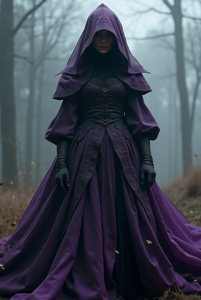 Dress with voluminous frame, black and purple Medieval hooded, short sleeve witch