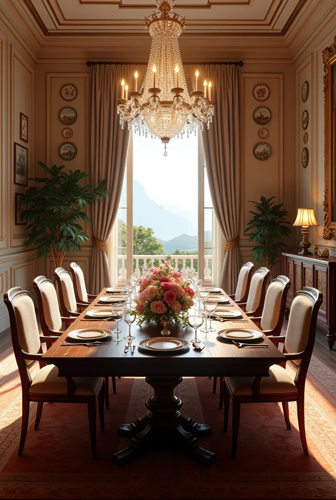 (masterpiece:1.2, Highest quality, Ultra-high resolution, Very detailed, Realistic, RAW Photos:1.2, Elaborate photos), 8k, wallpaper, (Ray Tracing), French Riviera mansion, (Formal dining room with a long mahogany table, Plush upholstered chairs with intricate designs, Crystal chandelier hanging above, Table set with fine china, silverware, and candelabras, French doors opening to the terrace, Large mirror with a gilded frame on the wall), A photo capturing the sophisticated atmosphere of a dining room designed for elegant gatherings, with a centerpiece of fresh flowers, decorative plates on the walls, and rich tapestries enhancing the opulent ambiance.