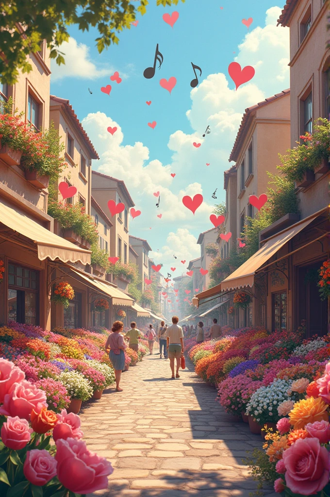Image of flower market with musical notes, hearts of various sizes and flowers of various colors and species
