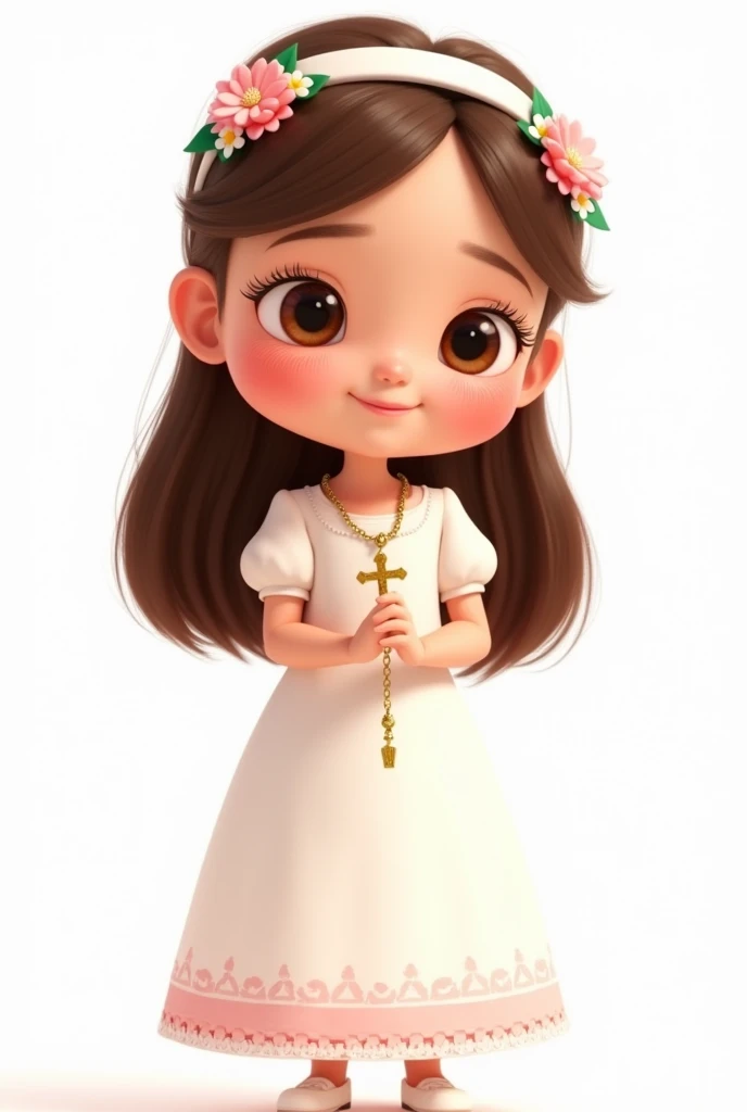 Make me a 2d Pixar style animated illustration,
on a white background of a girl with a sweet and simple style. The girl is dressed for a first communion, wearing a white dress with soft pink details. Her dress has puffed sleeves and a long skirt with small decorative edges at the bottom..
The girl has long brown hair, with a white headband adorned with pink and white flowers on one side. in his right hand, he claims, in a perfect way, a small gold rosary chain ending in a cross.
The overall style of the illustration is cute and adorable, with a smiling facial expression and big round eyes. The design is simple and lovely, evoking a sense of innocence and purity. Don't make his eyes so big or exaggerated.