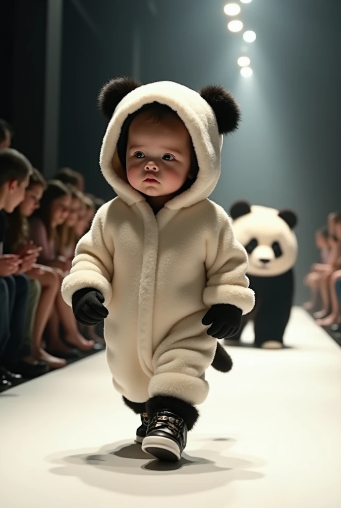 Fashion show with cute baby dressed as a panda bear  ,when at the same time the bear is parading by your side. Ultra-realistic image 