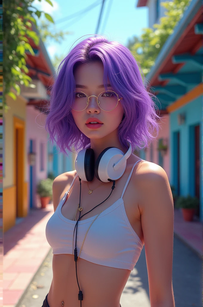 Korean purple hair butterfly woman with headphone and short clothes and glasses in Bahia 