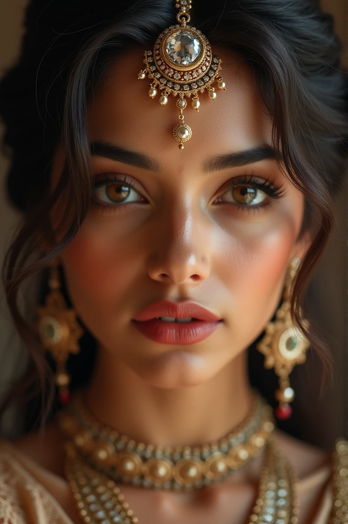 beautiful detailed eyes, beautiful detailed lips, extremely detailed eyes and face, long eyelashes, 1girl, indian girl, detailed portrait, detailed skin, detailed facial features, intricate hairstyle, ornate jewelry, elegant clothing, dreamy expression, serene, soft lighting, warm color palette, cinematic composition, photorealistic, 8k, (best quality:1.2), (masterpiece:1.3), (detailed:1.1)