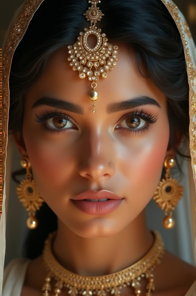 beautiful detailed eyes, beautiful detailed lips, extremely detailed eyes and face, long eyelashes, 1girl, indian girl, detailed portrait, detailed skin, detailed facial features, intricate hairstyle, ornate jewelry, elegant clothing, dreamy expression, serene, soft lighting, warm color palette, cinematic composition, photorealistic, 8k, (best quality:1.2), (masterpiece:1.3), (detailed:1.1)