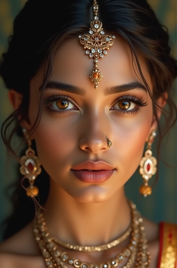 beautiful detailed eyes, beautiful detailed lips, extremely detailed eyes and face, long eyelashes, 1girl, indian girl, detailed portrait, detailed skin, detailed facial features, intricate hairstyle, ornate jewelry, elegant clothing, dreamy expression, serene, soft lighting, warm color palette, cinematic composition, photorealistic, 8k, (best quality:1.2), (masterpiece:1.3), (detailed:1.1)