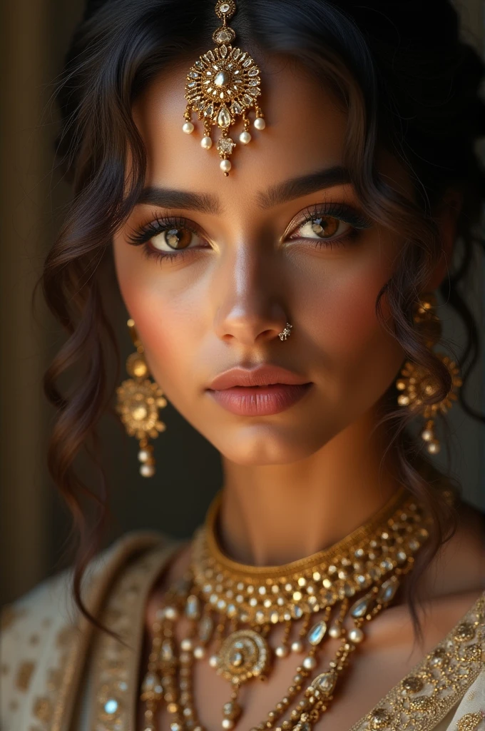 beautiful detailed eyes, beautiful detailed lips, extremely detailed eyes and face, long eyelashes, 1girl, indian girl, detailed portrait, detailed skin, detailed facial features, intricate hairstyle, ornate jewelry, elegant clothing, dreamy expression, serene, soft lighting, warm color palette, cinematic composition, photorealistic, 8k, (best quality:1.2), (masterpiece:1.3), (detailed:1.1)