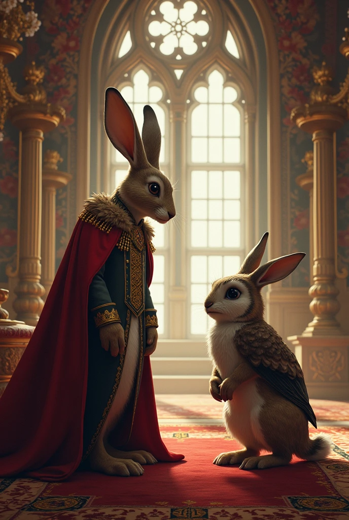 Rabbit is king and owl is queen . King say sorry to queen . in the kings house
