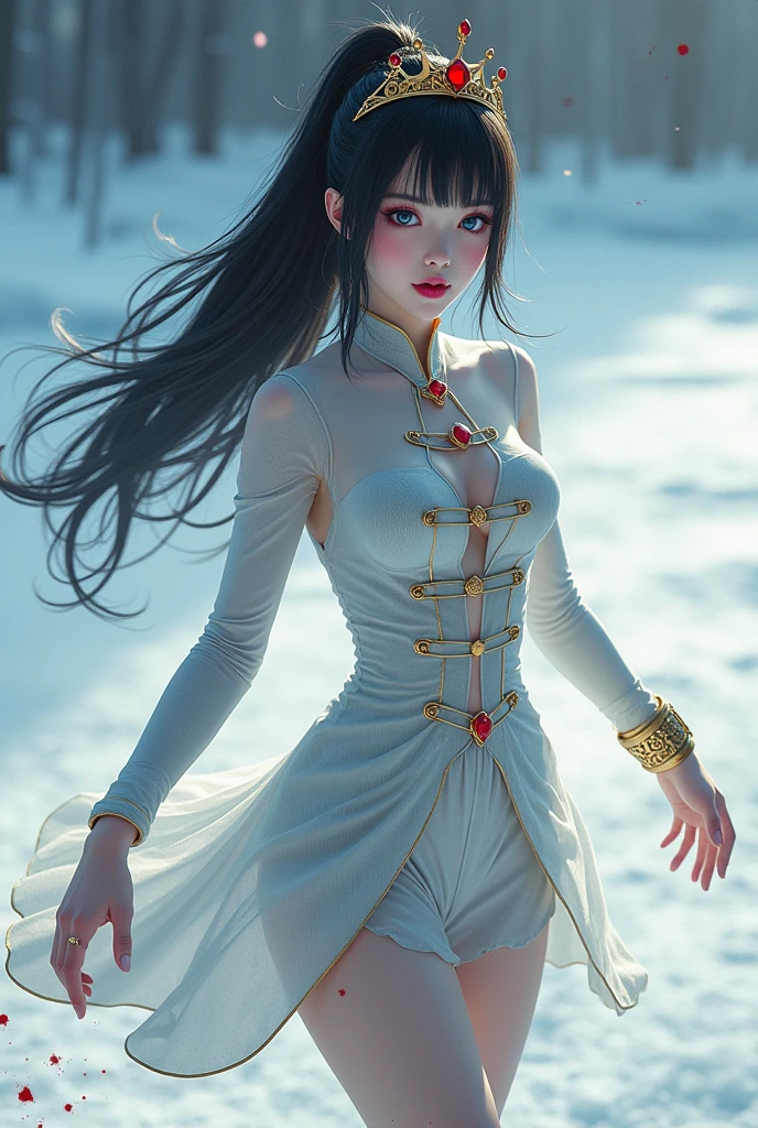 1 girl on an ice skating rink with skates, White skin color, long black hair but tied back in a ponytail ,Blue eyes, piercing gaze, made up with shadows and pink lipstick, with a tight silver white dress type mesh, short martial type, which has six pairs of gold buttons, the neck is high, long sleeves, with a gold watch on his wrist and blood spatters with a crown with red stones 