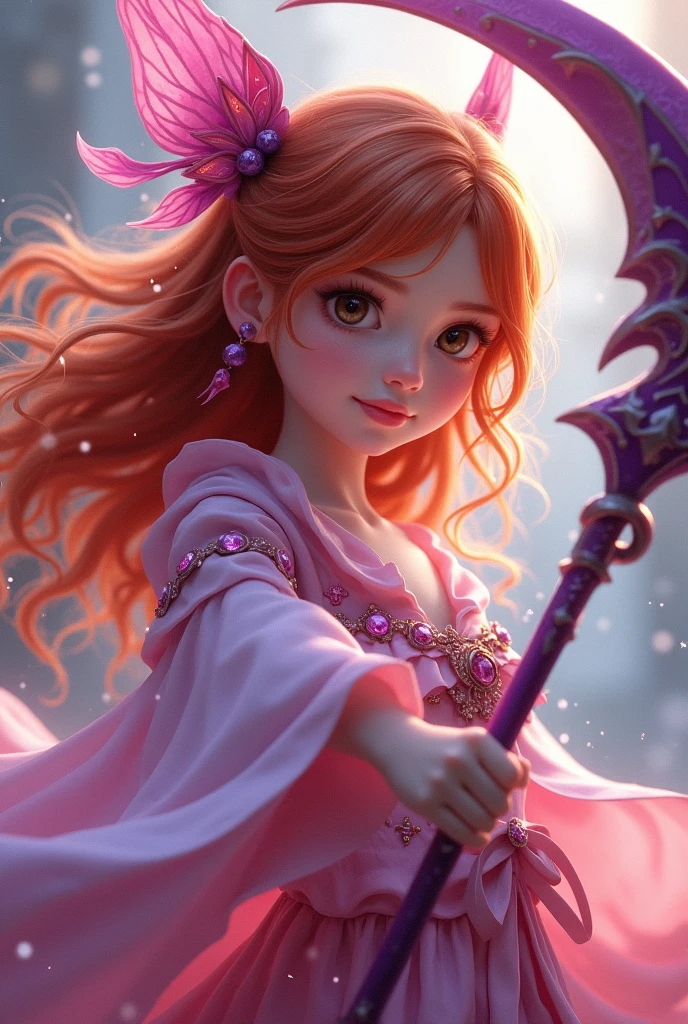 Solo, beautiful, young girl, light red color hair, brown eyes, pink magical outfit, purple cool scythe, magical girl