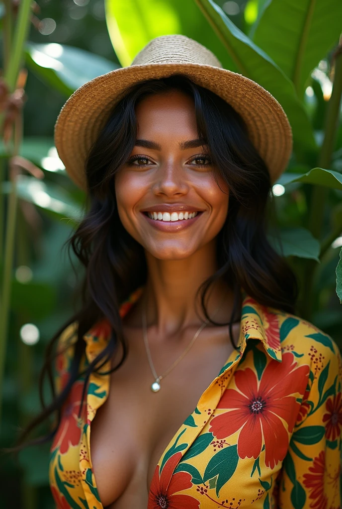 A Brazilian woman in a lush tropical garden, wearing an open shirt with a floral print, with a close-up capturing the harmonious beauty between her breasts and the natural flowers, showing off your natural charm and outgoing personality.