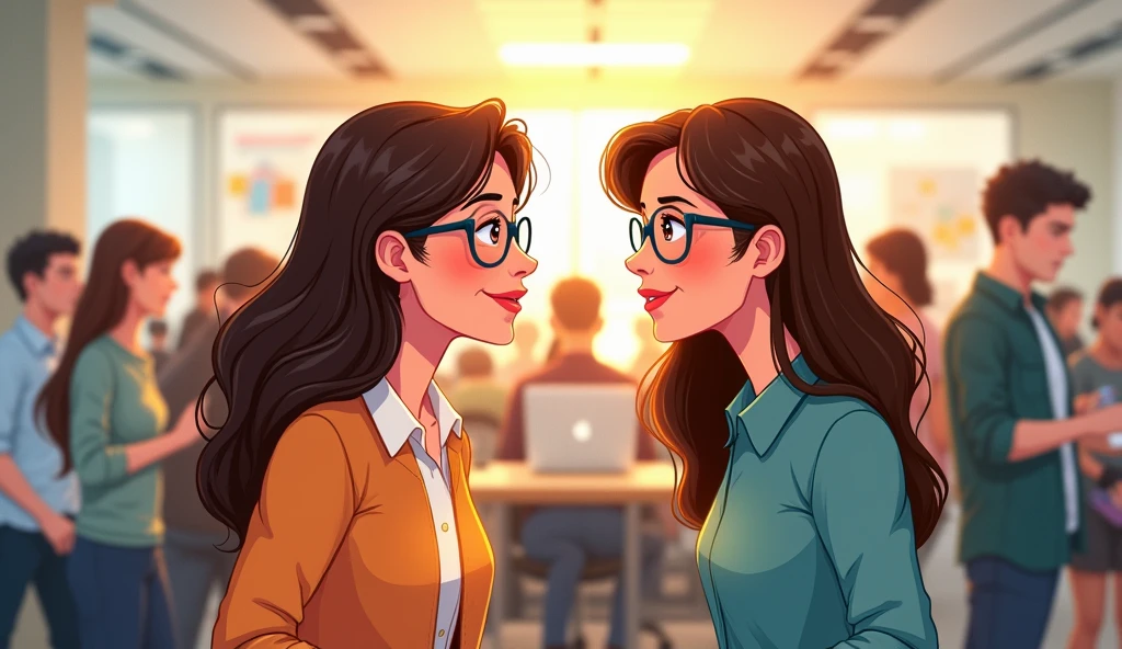 I need a playful image in illustration, which represents welcoming, safety, comfort.  
there are two women, one of whom is the boss (director) and the other is the employee). They are looking each other and have a look of complicity

director features (woan 40 years): long, straight brown hair, glasses 
employee characteristic (woman 29 years): wavy brown hair, glasses 
They are both wearing more casual clothes. 
scenario a chaotic work environment in an advertising agency, with peoples in the backgroud. 

