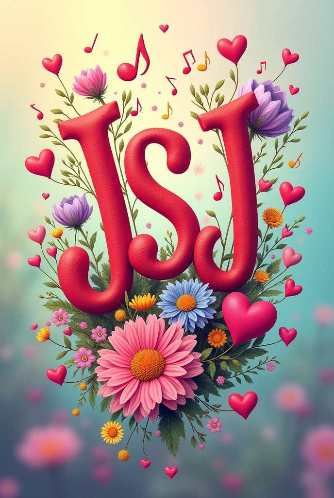 Image of the letters JSJ with musical notes, hearts of various sizes and flowers of various colors and species