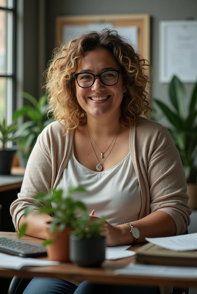 Now create a woman, chubby com uns 43 anos, who has a mother&#39;s face, curly hair. She must be in an office, in normal startup clothes, the photo must be diagonal. must be very realistic. Brazilian, chubby, brave face, half blonde with glasses and tattoo on shoulder



