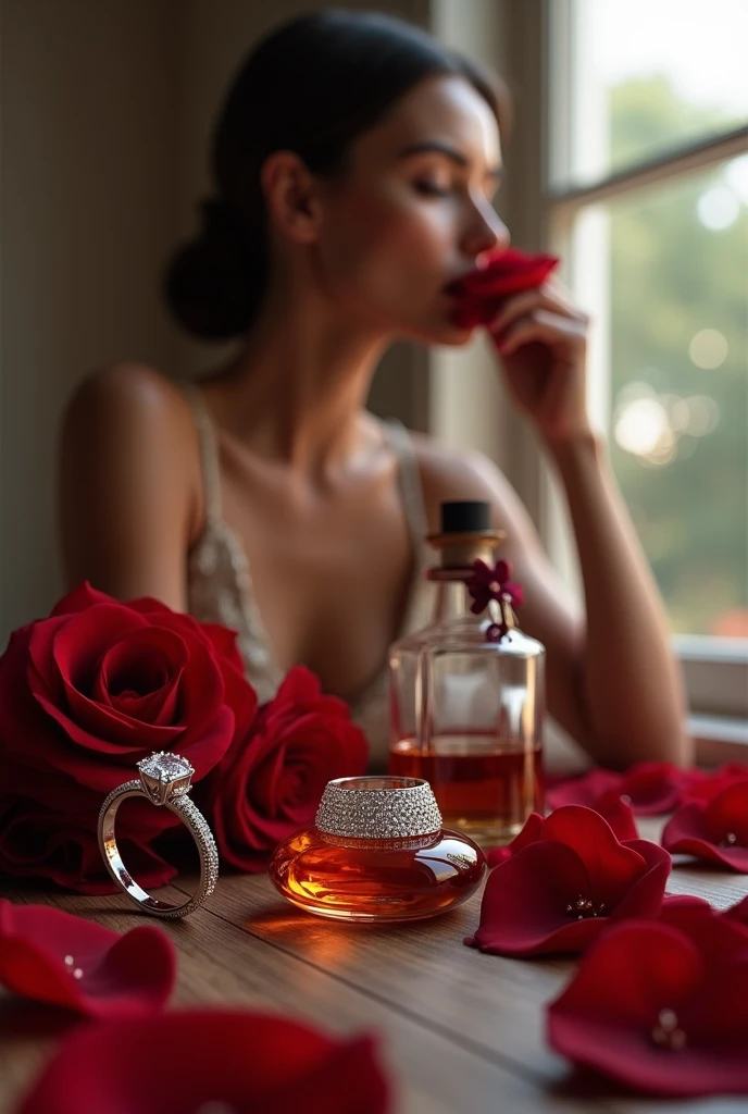 alcohol,ขวดalcohol,Diamond Ring,red rose,By the window