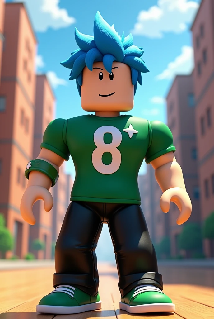 Male roblox character, Caucasian skin, hair blue, green shirt with a white eight in the middle and two white stars above the eight, black pants, green shoe, roblox character doing a pose anime version minecraft style, Posing for a photo